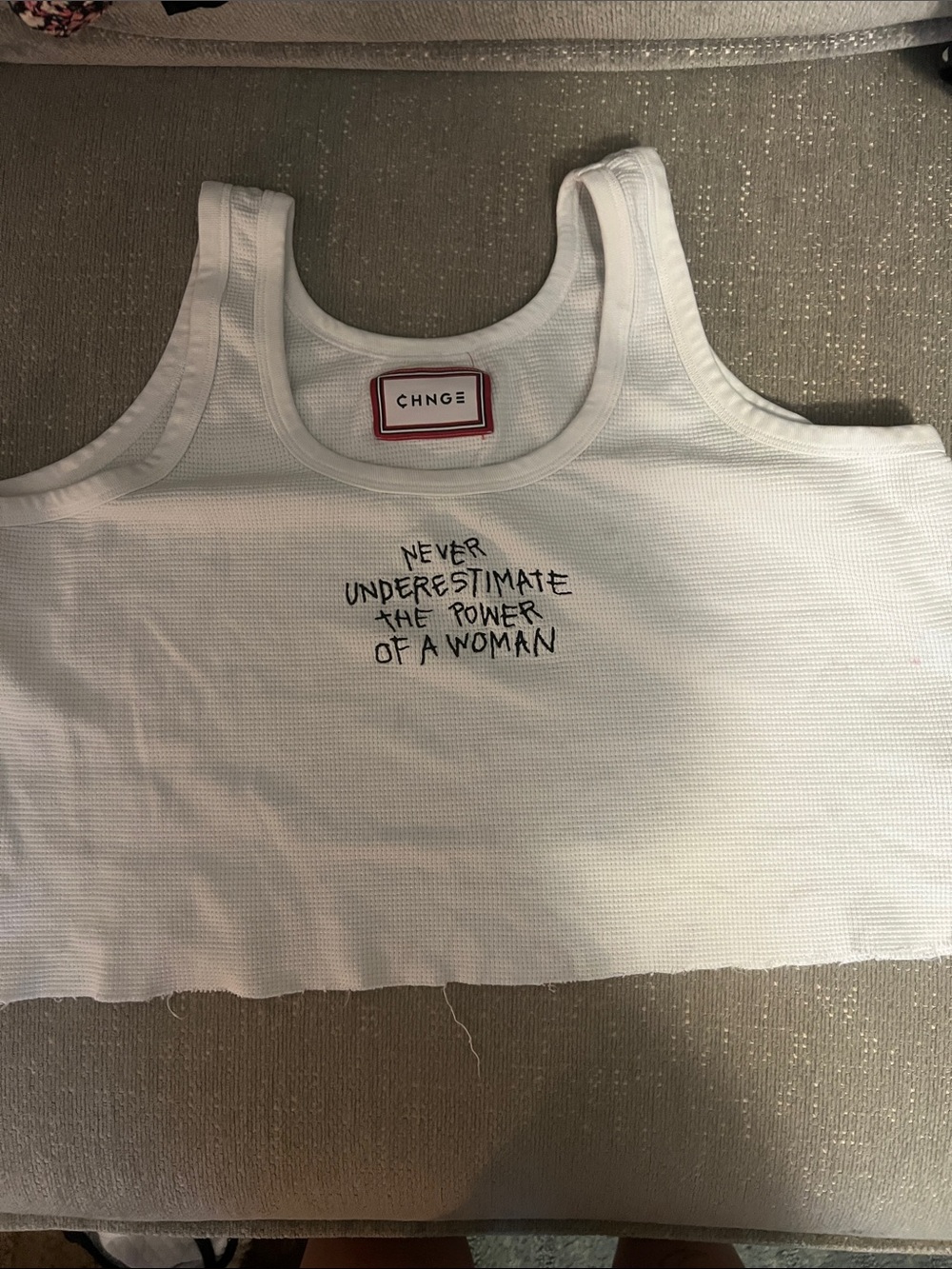 CHNGE White Cropped Tank with “Never Underestimate The Power of a Woman”